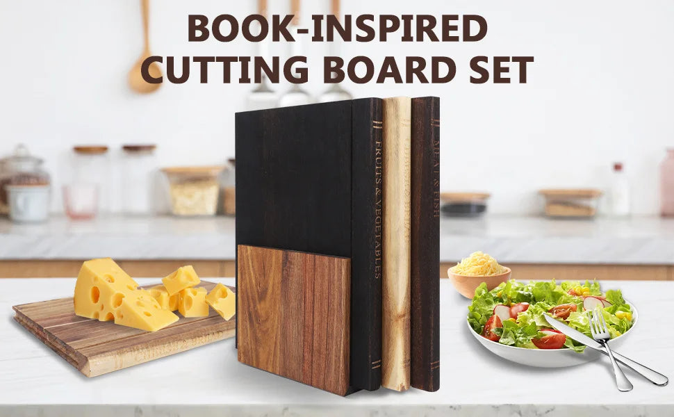 Book Cutting Board Set Of 3 with Stand, Solid Acacia Cutting Boards That Look Like Books, Decorative Cutting Board Book Set for