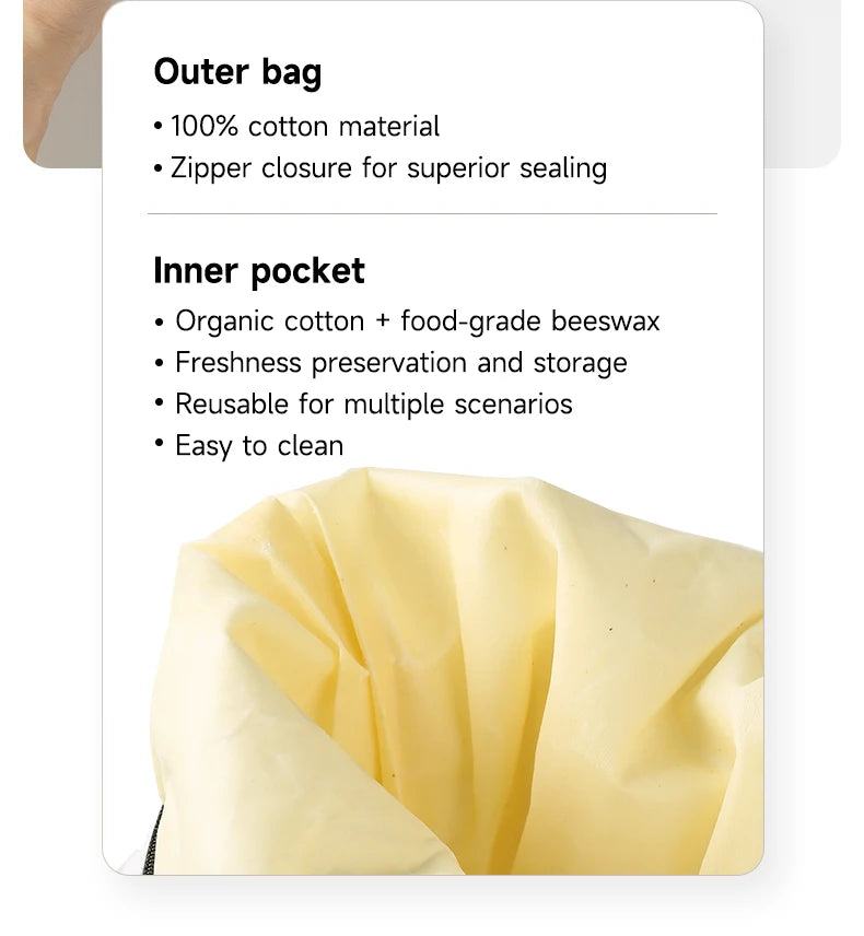 Snap-on zipper beeswax bread bag reusable food-grade sandwich beeswax bread bag