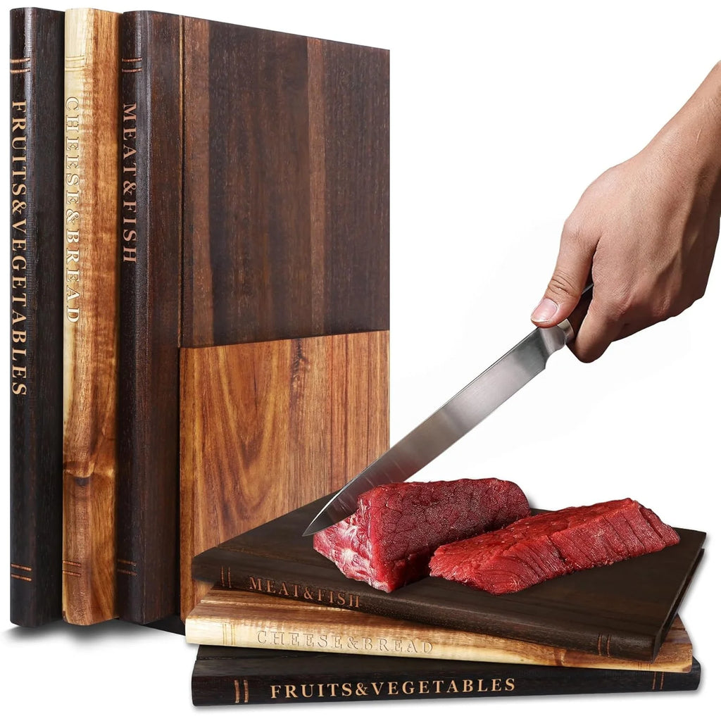 Book Cutting Board Set Of 3 with Stand, Solid Acacia Cutting Boards That Look Like Books, Decorative Cutting Board Book Set for