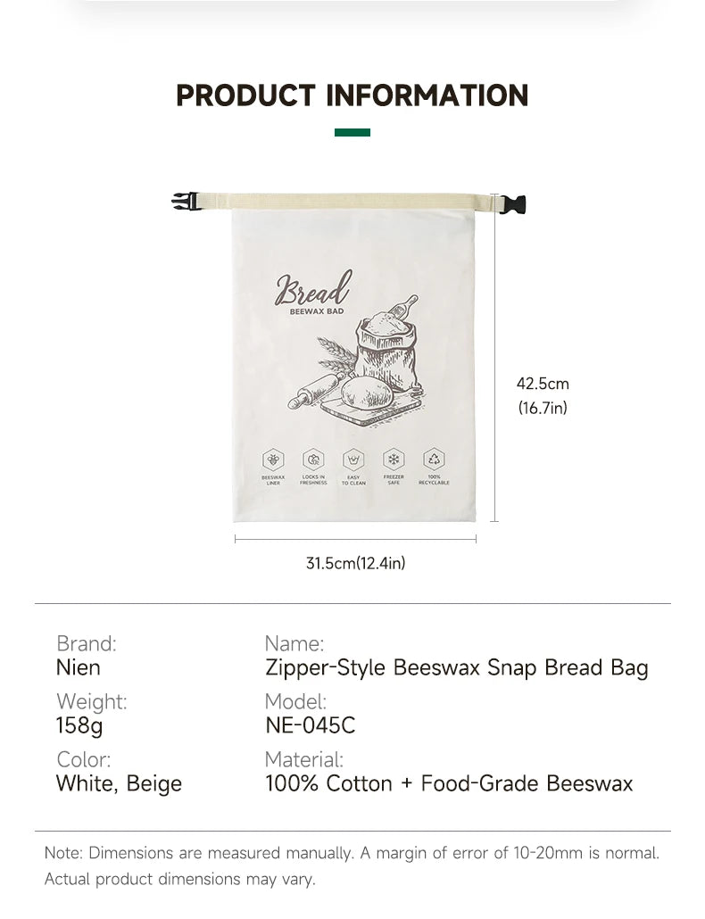Snap-on zipper beeswax bread bag reusable food-grade sandwich beeswax bread bag