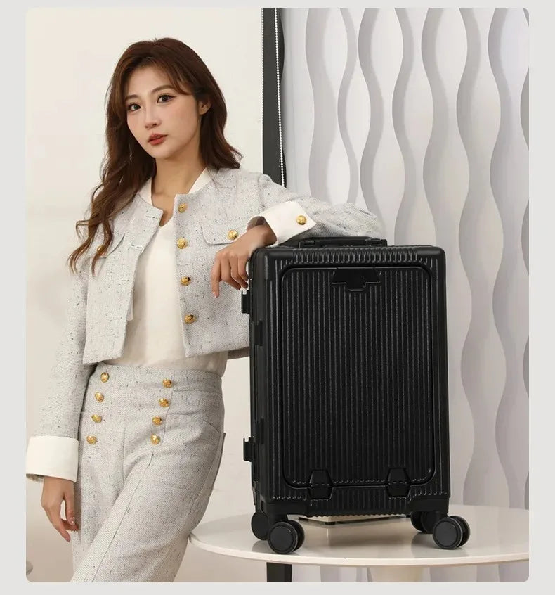 Front Opening Pocket Aluminum Rolling Luggage