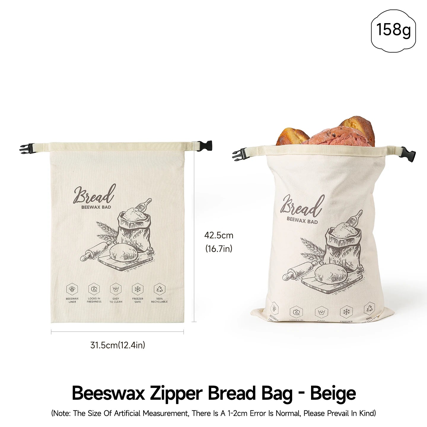 Snap-on zipper beeswax bread bag reusable food-grade sandwich beeswax bread bag