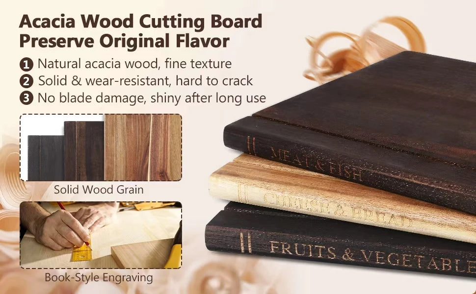 Book Cutting Board Set Of 3 with Stand, Solid Acacia Cutting Boards That Look Like Books, Decorative Cutting Board Book Set for