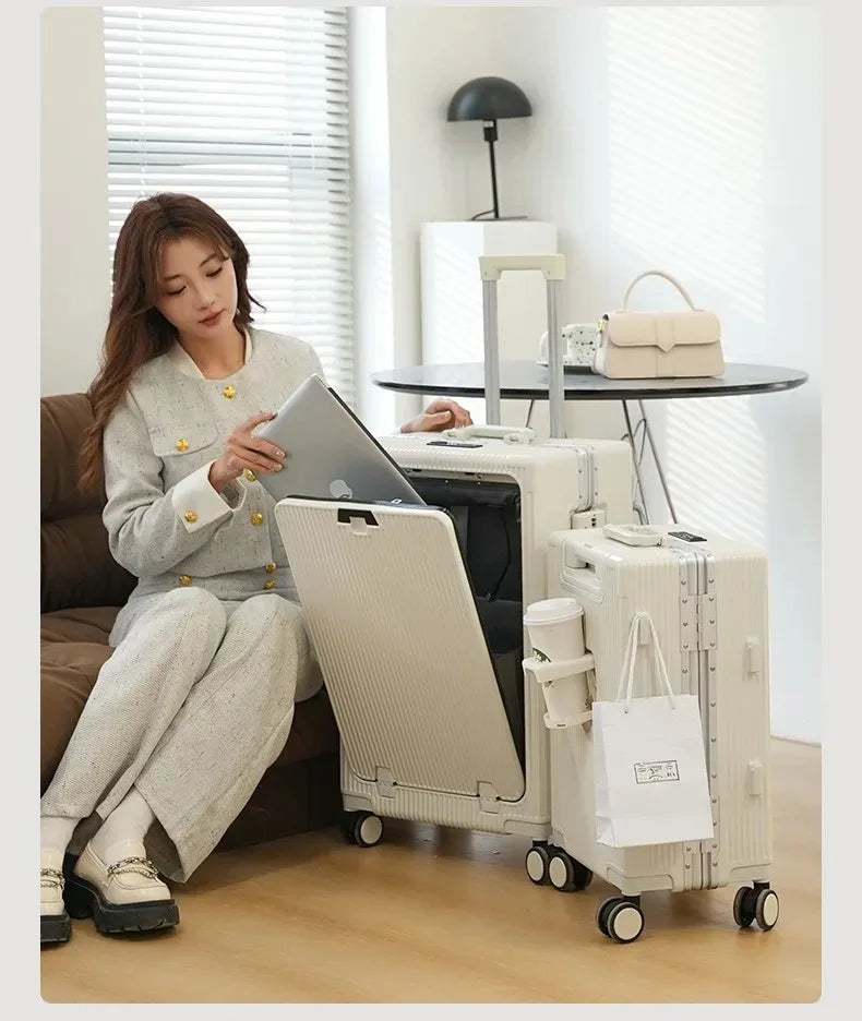 Front Opening Pocket Aluminum Rolling Luggage