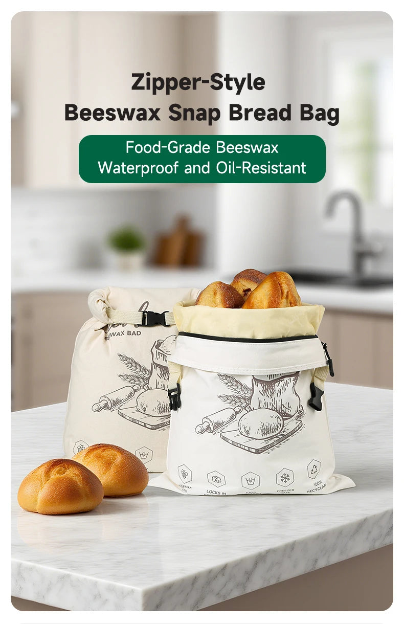 Snap-on zipper beeswax bread bag reusable food-grade sandwich beeswax bread bag