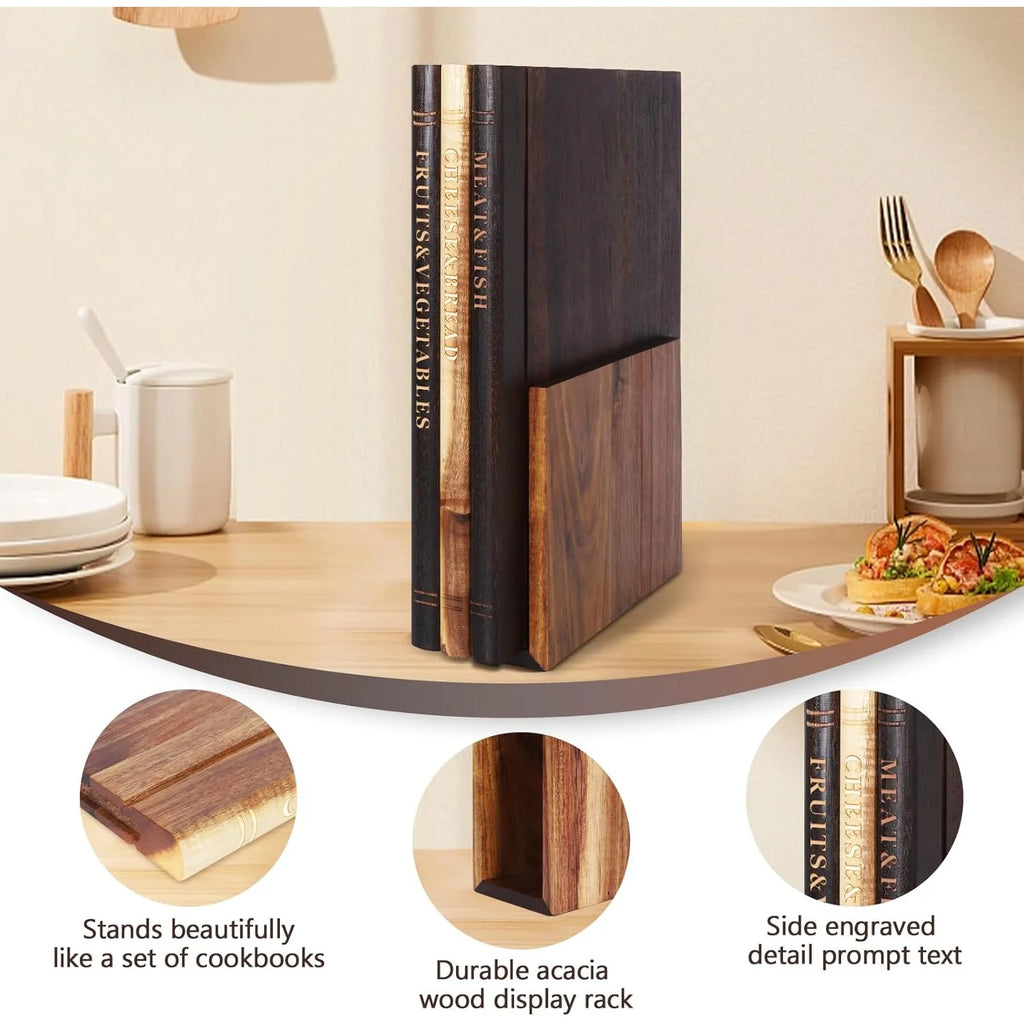 Book Cutting Board Set Of 3 with Stand, Solid Acacia Cutting Boards That Look Like Books, Decorative Cutting Board Book Set for